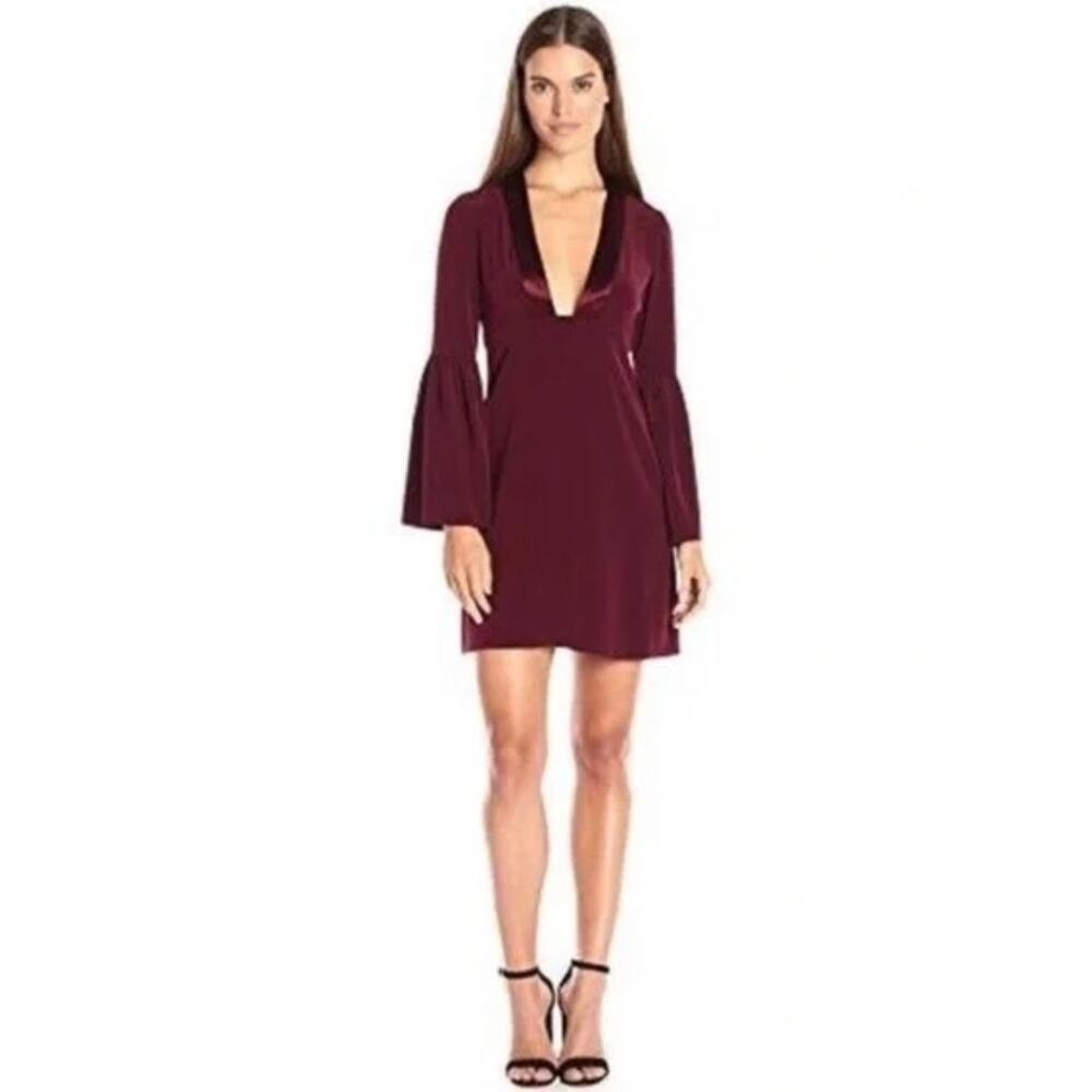 Jill Jill Stuart Womens 8 Burgundy Deep V Bell Sleeve Cocktail Mini Dress NEW